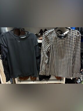 2 Long Sleeve-LOFT Black Lace Sleeve Blouse & Navy Cream Check Blouse - Two Tops